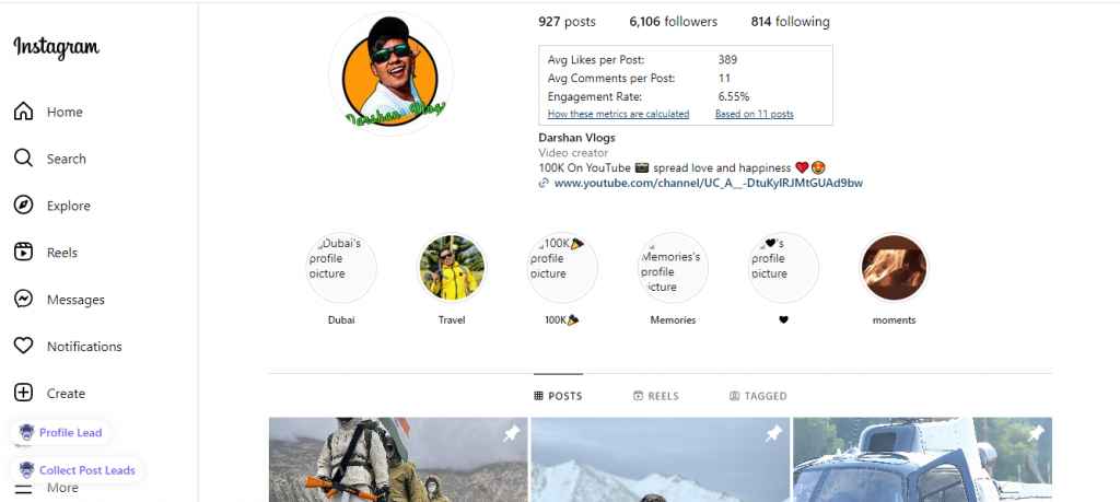 Profile page of Instagram