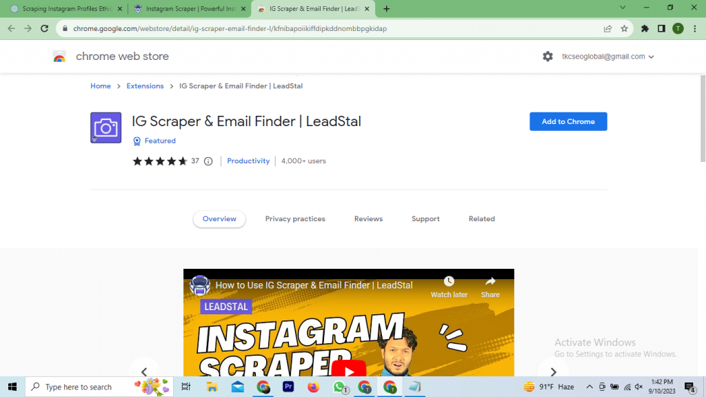 Google Chrome Extension page of Instagram Scraper by LeadStal