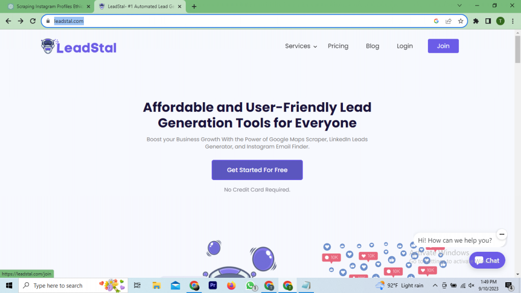 Sign-up page or Get started for free button page 