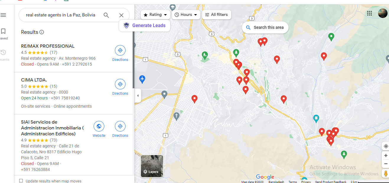 A Google Maps Search page in Bolivia before scraping using Google Maps Scraper