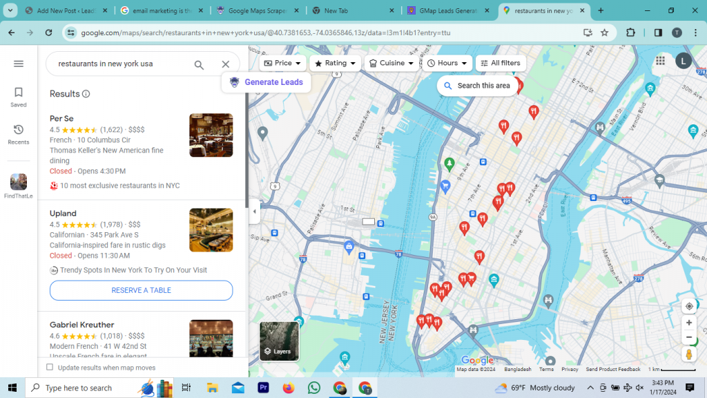 Search result page of restaurants in new york usa