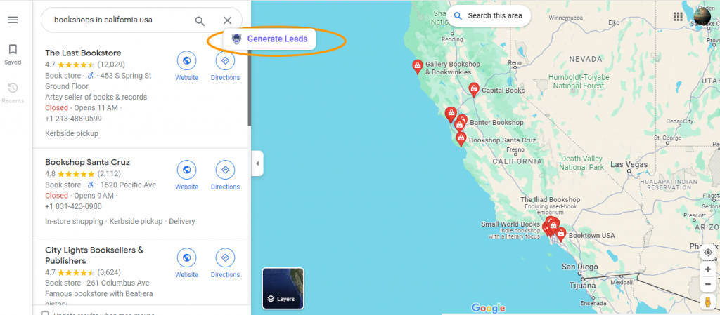 How to find bookshops in California using LeadStal