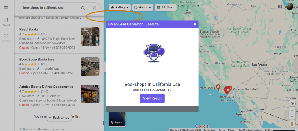How to find bookshops in California using LeadStal