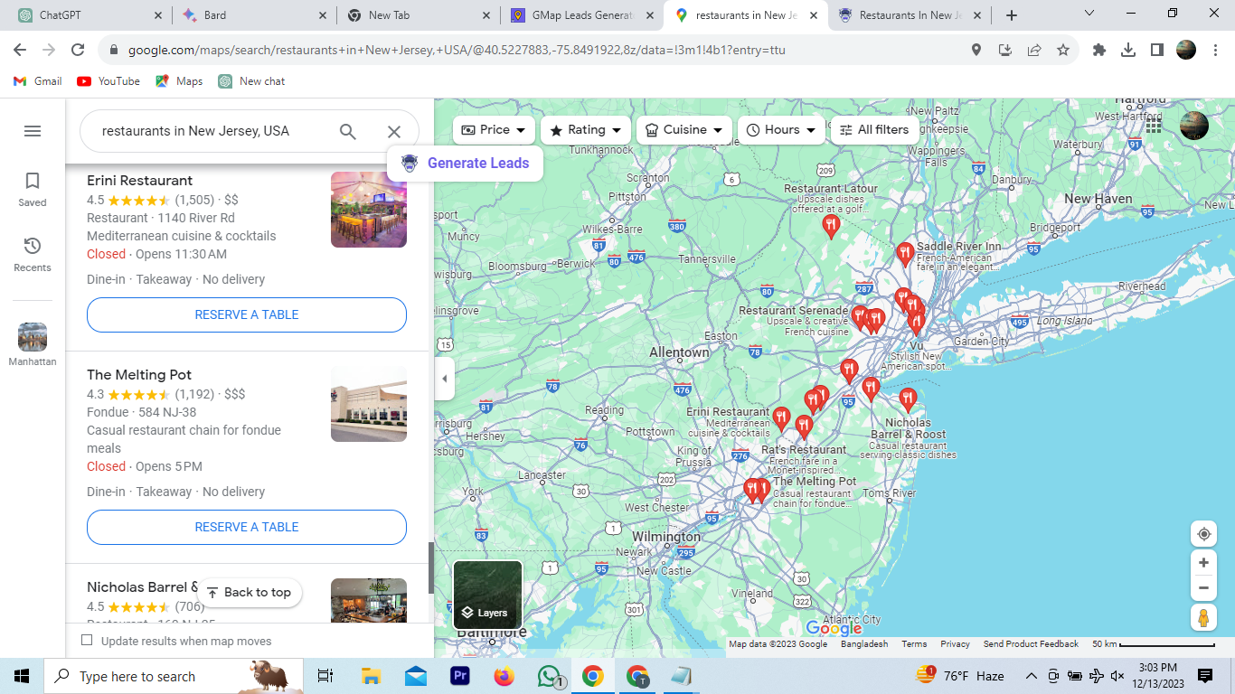 Google Maps Restaurants Review Search Result Page